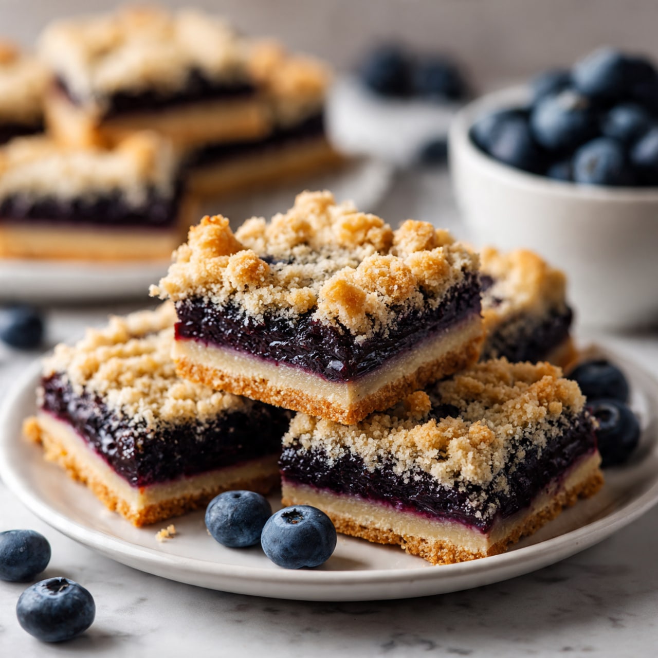 The image shows several square pieces of a crumbly blueberry bar placed on a white plate set on a white marbled surface. Each piece has three layers: the bottom layer is light golden and looks like a baked crust, the middle layer is a thick, dark purple blueberry filling, and the top layer is crumbly and golden brown with a slightly rough texture. Around the plate, there are a few whole fresh blueberries scattered. In the background, another white plate with more blueberry bars and a small white bowl filled with blueberries are slightly out of focus. Photo taken with an iphone --ar 4:5 --v 7