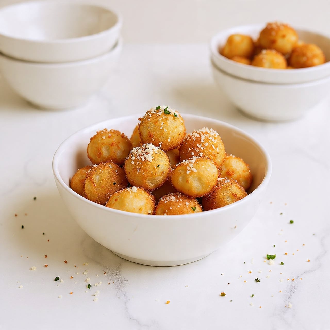 The image shows a white shallow bowl filled with a stack of golden-brown fried cauliflower florets, each with a crispy textured coating. The florets have a light sprinkling of finely grated white cheese and small green herb bits on top. In the blurry background, there are stacked white bowls on a white marbled surface, adding a soft, clean contrast to the warm tones of the cauliflower. Small crumbs and bits of cheese are scattered gently around the bowl’s base. Photo taken with an iphone --ar 4:5 --v 7