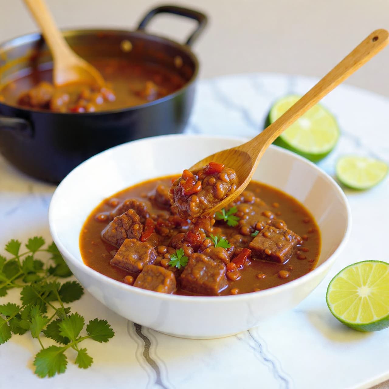 The image shows a white bowl filled with dark brown chunks of cooked meat in a thick reddish-brown sauce, being spooned by a wooden spoon from a larger pot behind it. The meat pieces are rich in texture, appearing tender and juicy, with bits of red chili and green herbs mixed in. The bowl sits on a surface with fresh green cilantro leaves and a halved green lime placed nearby, all set against a white marbled background. photo taken with an iphone --ar 4:5 --v 7