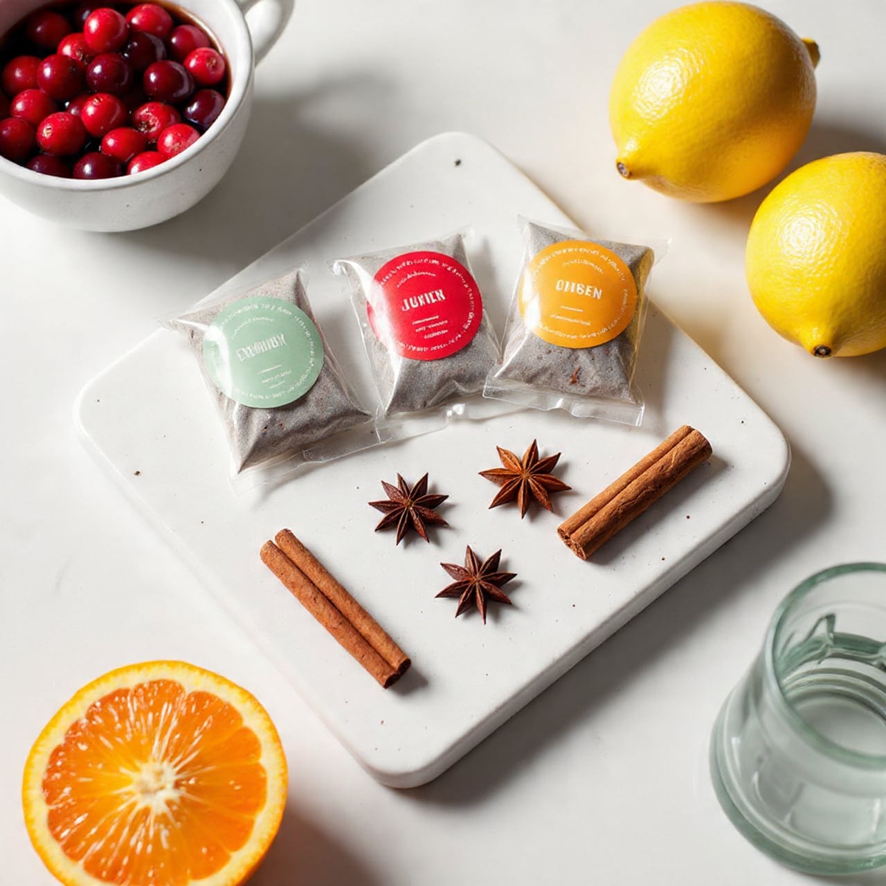 The image shows a white speckled cutting board on a white marbled surface holding four tea bags; three are clustered with tea labels facing up in shades of red and orange, and one lies separately below them. Near the tea bags are a cinnamon stick, a star anise, and a small cluster of cloves, placed neatly. Surrounding the board are a halved orange with bright red flesh at the bottom left, a yellow lemon to the right, a bowl filled with red cranberries in the top left, and the bottom right shows part of a glass jug with a blue tint. The overall color is warm with natural tones, and the setup is clean and fresh. Photo taken with an iphone --ar 4:5 --v 7