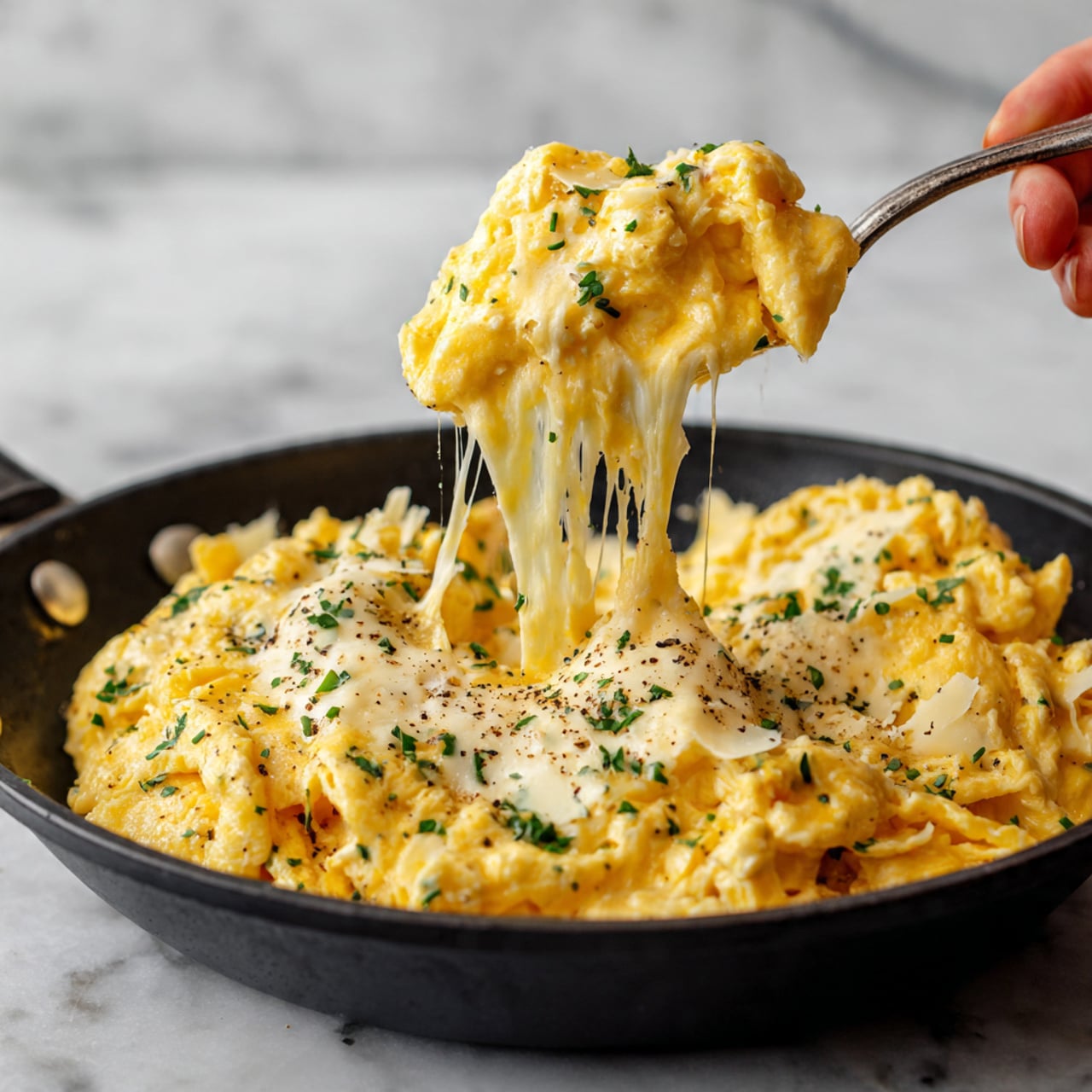 A close-up of a black pan filled with scrambled eggs topped with melted cheese that stretches as a woman's hand lifts a portion with a spoon. The eggs are soft and yellow with a creamy texture, sprinkled with chopped green herbs and black pepper for contrast. Bits of white melted cheese are visible on top, adding a smooth and rich look. The background is a white marbled texture. Photo taken with an iphone --ar 4:5 --v 7