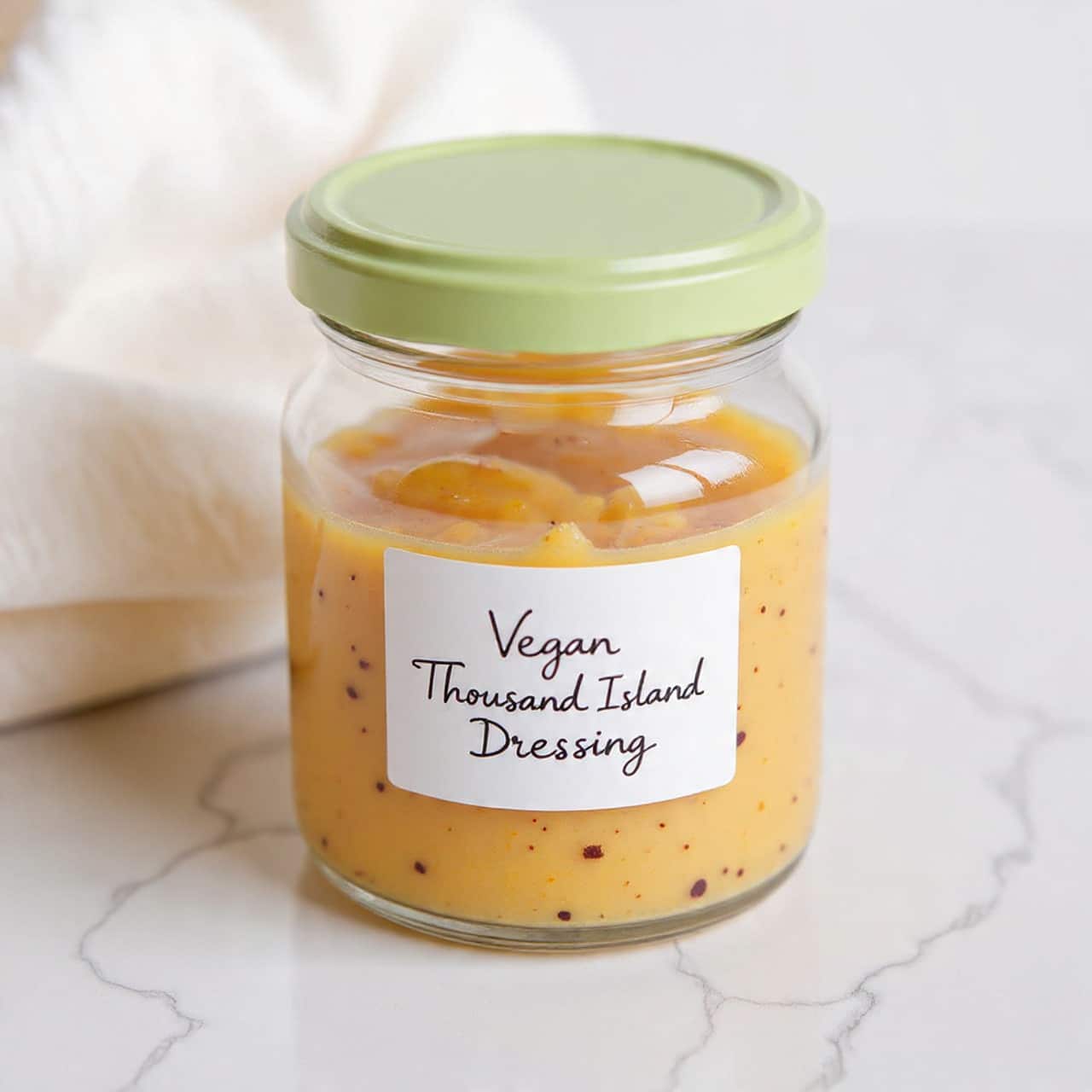 The image shows a clear glass jar filled with a smooth, creamy light peach-colored sauce with some small darker specks inside, resting on a white marbled surface next to a white cloth. The jar is topped with a matte sage green lid that has a white paper label with handwritten text