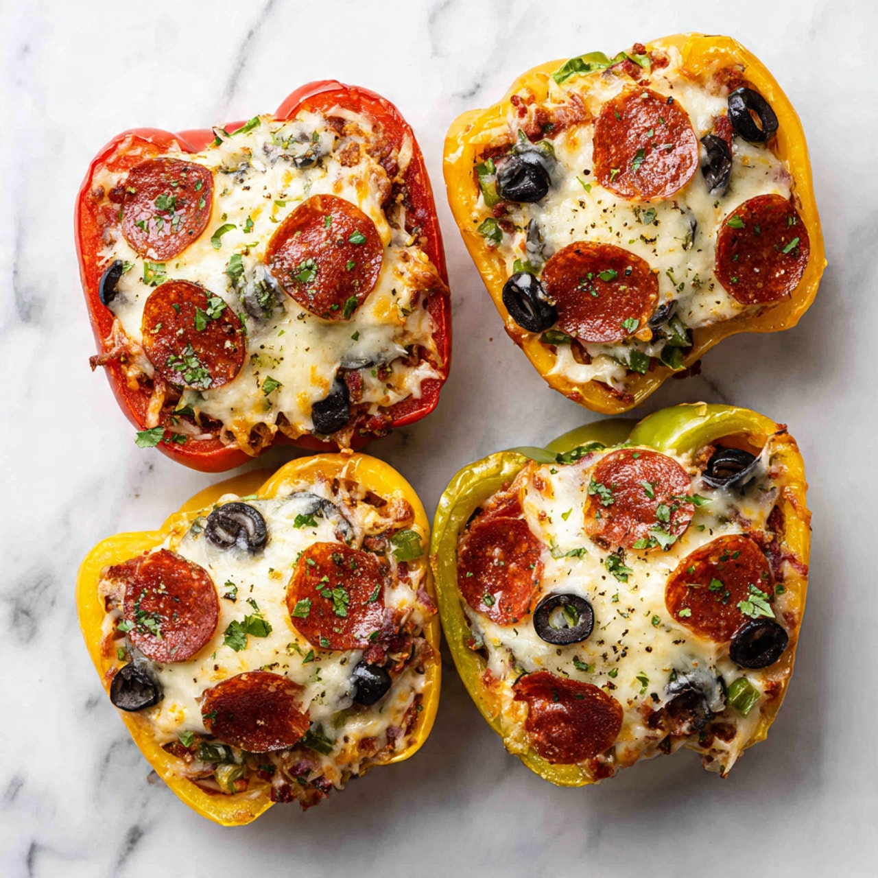 The image shows six white bell pepper halves filled with melted cheese. Each pepper half is topped with small, round slices of pepperoni, small black olive pieces, and some green herb bits sprinkled on the cheese. The peppers are bright orange, red, and yellow with a smooth texture, and they are arranged closely on a white marbled surface. The cheese looks melted and slightly bubbly, filling the pepper halves fully. Photo taken with an iphone --ar 4:5 --v 7