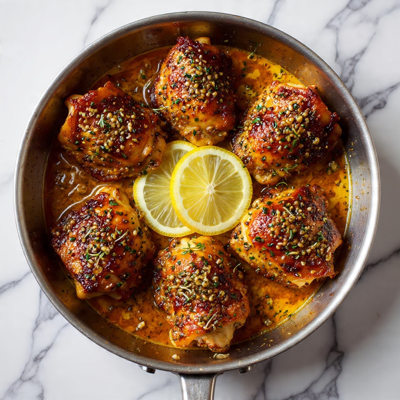 A pan filled with six pieces of cooked chicken with a golden brown color, arranged around the edges. Between the chicken pieces, thin slices of lemon with a yellow and slightly translucent look are placed. The surface of the chicken is seasoned with black pepper and small green herb bits scattered on top. The pan has a metallic look, and the background is a white marbled texture. photo taken with an iphone --ar 4:5 --v 7