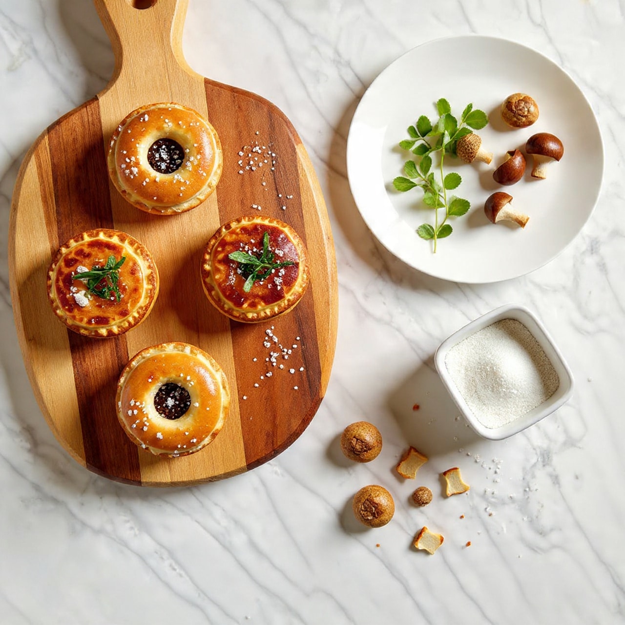 Four small round pies with golden brown crusts are placed on a rustic wooden board. Each pie has a circular hole in the center of the top crust, showing a dark filling inside, and is topped with coarse salt and a small green herb sprig. To the right of the board is a small white plate with light brown mushrooms and green herb sprigs. Below the plate is a small rectangular container filled with coarse salt, with some salt spilled around it. A few small pieces of shaped golden crust are scattered near the container. All items are set on a white marbled surface. Photo taken with an iphone --ar 4:5 --v 7