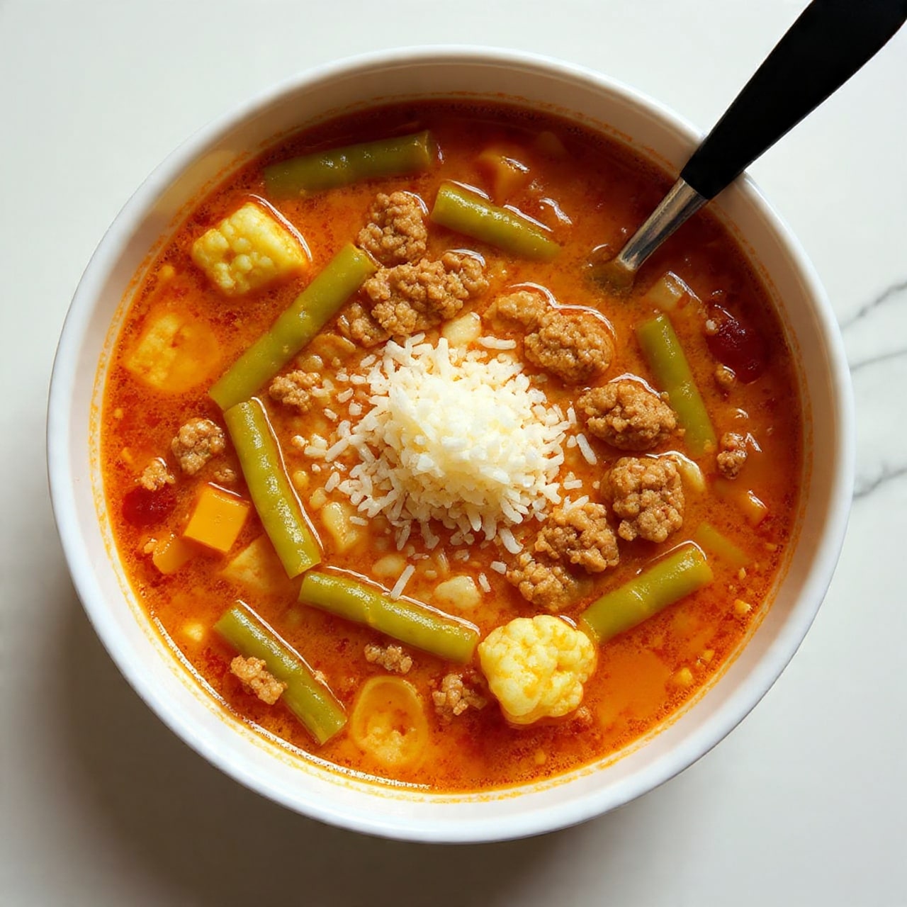A white bowl filled with a soup that has a brownish-red broth, with visible green beans, light green zucchini slices, light orange cauliflower pieces, and brown ground meat chunks. The soup is topped with a pile of finely grated white cheese in the center. A spoon with a black handle rests inside the bowl on the right side. The bowl is placed on a white marbled surface. photo taken with an iphone --ar 4:5 --v 7