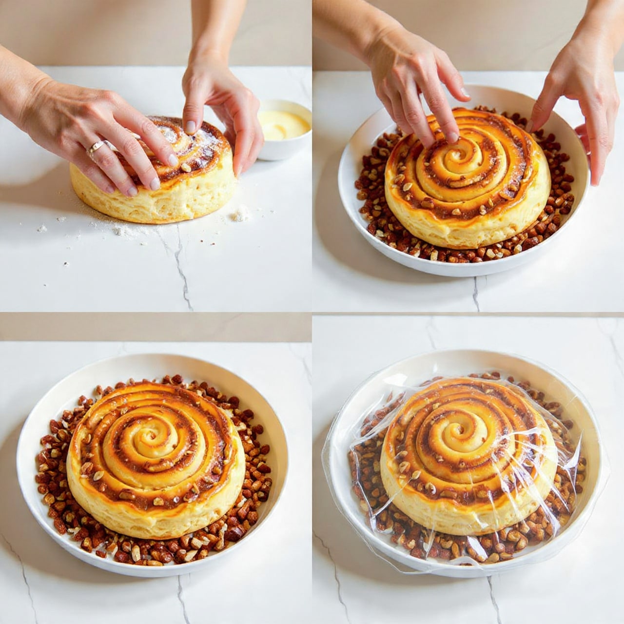 The image shows a slice of layered cinnamon roll cake placed on a white plate, with the full round cake behind it on another white plate. The cake has many spiral layers of light brown dough with darker cinnamon filling visible between each layer. The top is covered thickly with chopped pecans and a rich, sticky caramel glaze that shines under the light. The white marbled surface beneath has several shiny silver forks arranged on a blue and white striped cloth near the plates. Photo taken with an iphone --ar 4:5 --v 7