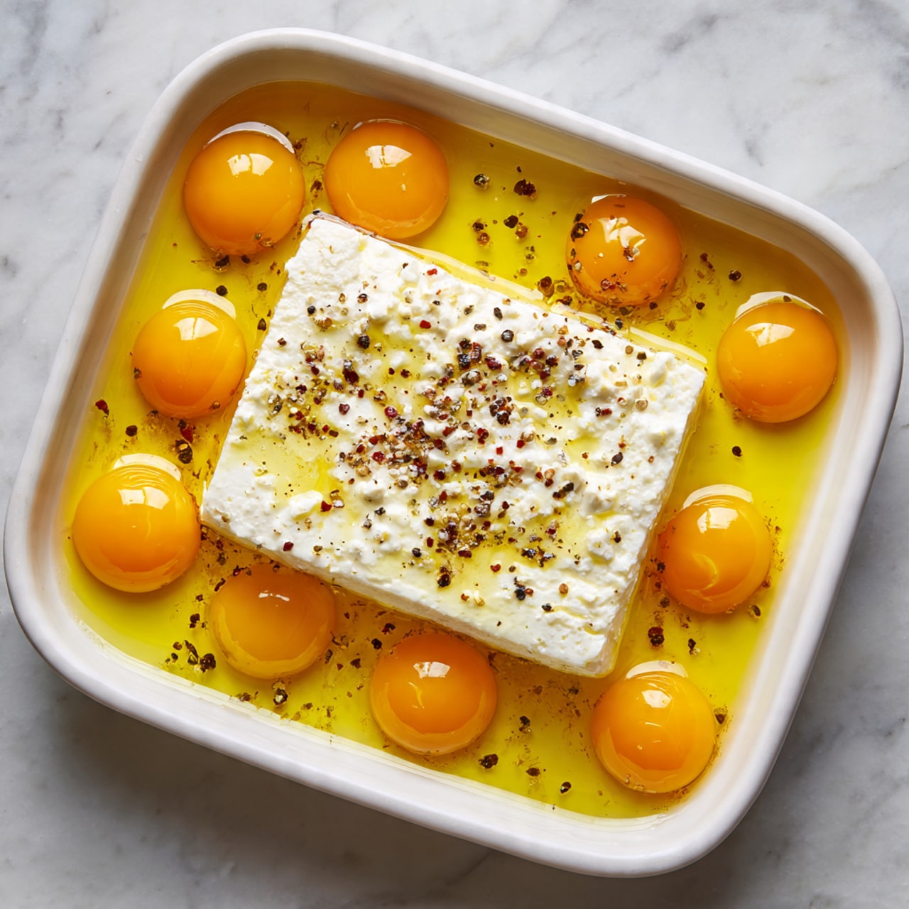 A white rectangular dish sits on a white marbled surface, filled with a light yellow liquid that spreads evenly. In the center, there is a thick white block of cheese, sprinkled with small black pepper flakes scattered across its surface. Around the cheese, there are four bright orange egg yolks floating gently, each with a smooth and shiny texture, evenly spaced along the perimeter of the dish. The light reflects softly on the liquid, giving a sense of freshness and calm to the composition. Photo taken with an iphone --ar 4:5 --v 7