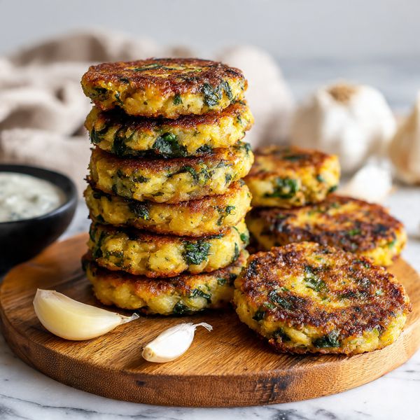 A stack of six round, golden-brown patties with a crunchy texture and visible green spinach bits is placed on a wooden board. Two more patties lie flat in front of the stack, showing their lightly browned, crispy surface with green spinach scattered throughout. A peeled clove of garlic rests near the front patties on the wooden board. The background features a blurred white marbled surface and a small black bowl with a white creamy sauce, along with soft white cloth and out-of-focus garlic bulbs. The photo is taken with an iphone --ar 4:5 --v 7
