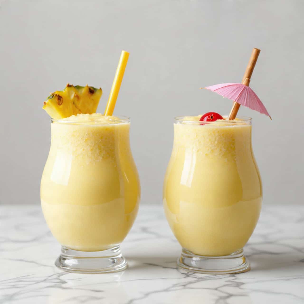 Two tall glasses filled with creamy pale yellow drink stand side by side on a white marbled surface. Each glass is rounded with a narrow base and wider top, showing the smooth texture of the drink. Both drinks are decorated with a bright yellow pineapple slice on the rim, a shiny red cherry placed near the pineapple, and a straw; one glass has a golden pastel straw while the other has a brown curved straw. The drink on the right also features a small pink paper umbrella above the cherry, adding a tropical feel. The light reflects softly on the creamy surface of the drinks. Photo taken with an iphone --ar 4:5 --v 7