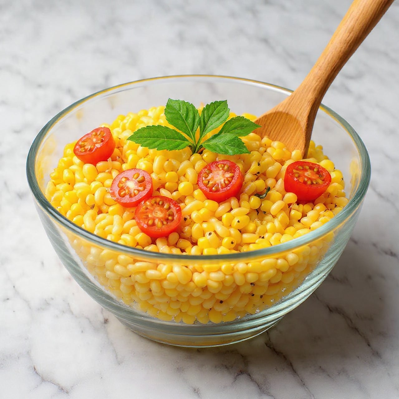 The image shows a close-up view of a wooden bowl filled with creamy corn salad. The salad has many small yellow corn kernels mixed with white creamy sauce, and bits of green herbs scattered on top. Small pieces of red spices or peppers are mixed within the salad, adding color contrast. The texture looks chunky and thick, with each kernel coated in the creamy sauce. The bowl sits on a white marbled surface, giving a clean and fresh background. Photo taken with an iphone --ar 4:5 --v 7