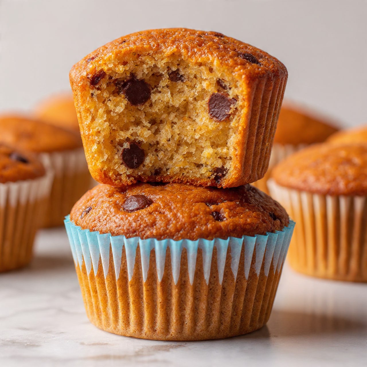 The image shows three golden brown muffins with a rough, crumbly top texture sitting on a round white plate. Each muffin is inside a white ridged paper liner, slightly opened to reveal the fluffy inside. The plate is placed on a white marbled surface, and a yellow cloth is softly blurred in the background. The lighting is soft, highlighting the muffins' warm color and texture. photo taken with an iphone --ar 4:5 --v 7
