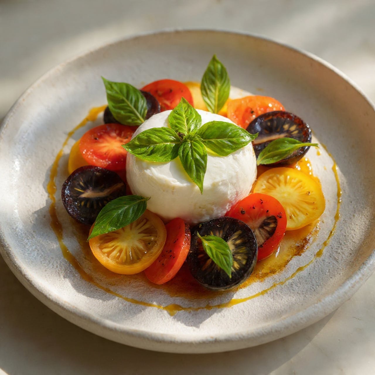 The dish features a single layer of round tomato slices in red, yellow, and green colors, arranged in an oval shape on a white plate. On top, there are three white burrata pieces placed evenly across the tomatoes, each topped with a fresh green basil leaf. Around the tomatoes and burrata, drops of dark balsamic glaze and thin streaks of olive oil are scattered, along with a sprinkling of coarse salt. The background shows a white marbled surface with a soft fabric partially visible near the top left corner. photo taken with an iphone --ar 4:5 --v 7