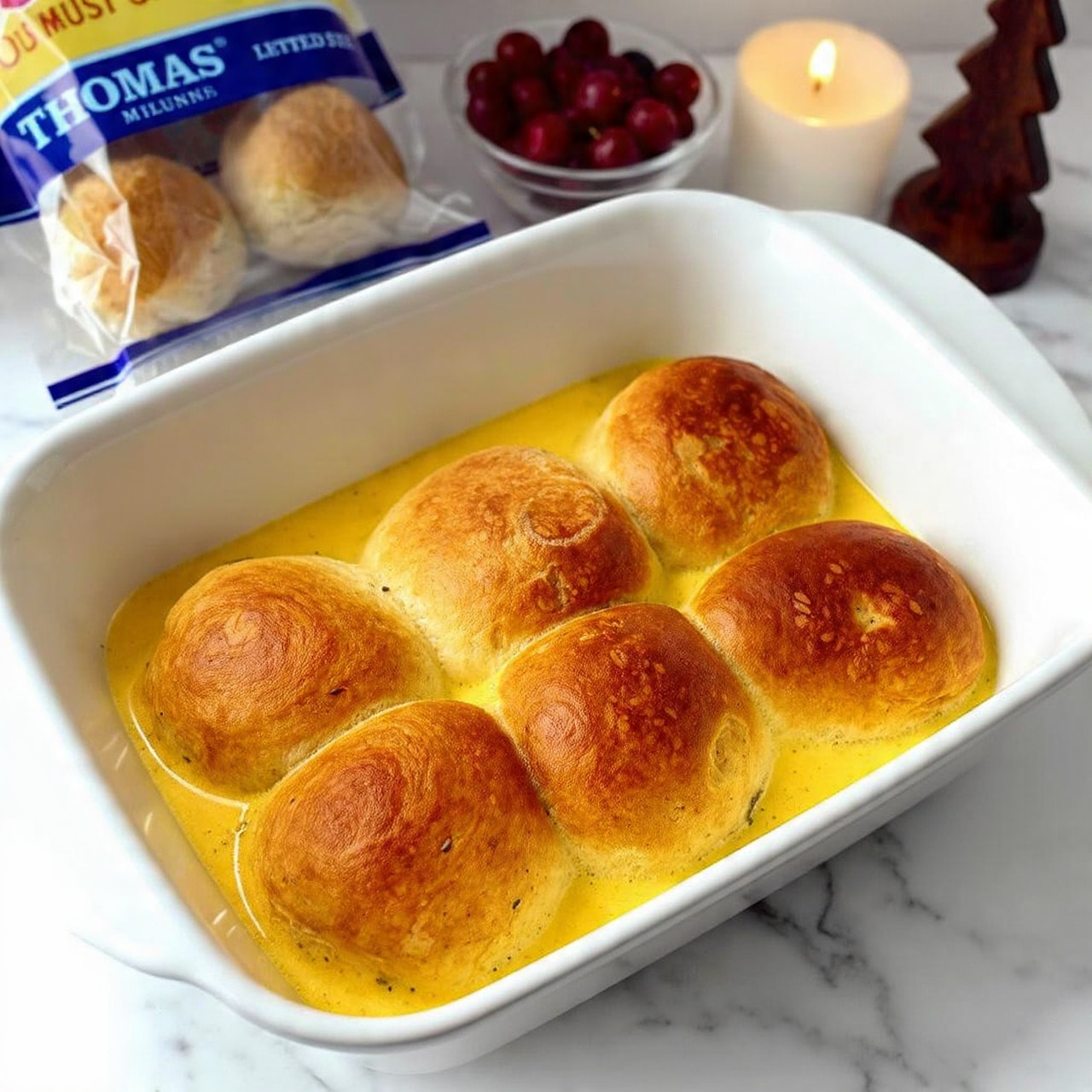 A white baking dish holds six baked rolls with a shiny, golden brown top dotted with small dark spots, arranged in two rows of three. Each roll sits on a bright yellow, creamy egg layer beneath, slightly visible around the edges. The dish is placed on a white marbled surface. In the background, there is a clear plastic package labeled