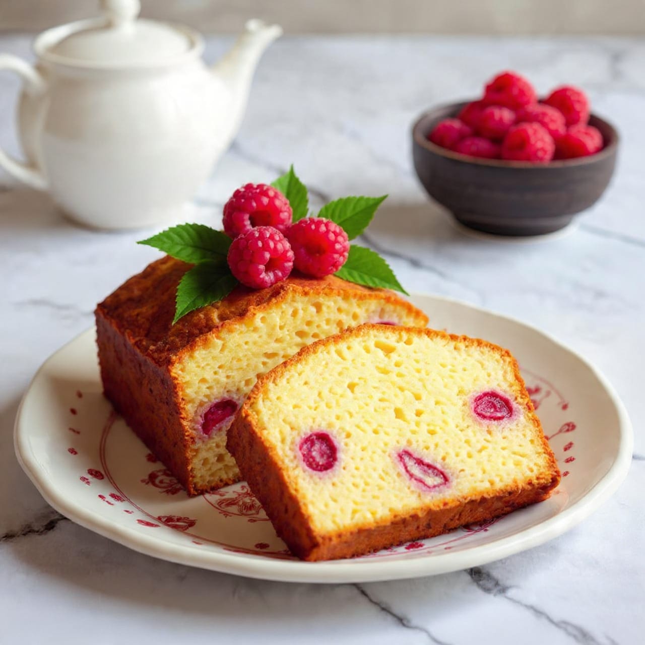 A loaf of raspberry cake is shown, with two slices placed on a white plate that has a red floral pattern along the edge. The cake has a light golden-brown crust and a soft, pale yellow inside with rough-textured swirls of deep red raspberries distributed throughout. On top of the whole loaf, there is a small bunch of fresh raspberries with green leaves. In the background, a small bowl filled with bright red raspberries and a white teapot are slightly out of focus, all set on a white marbled surface. Photo taken with an iphone --ar 4:5 --v 7