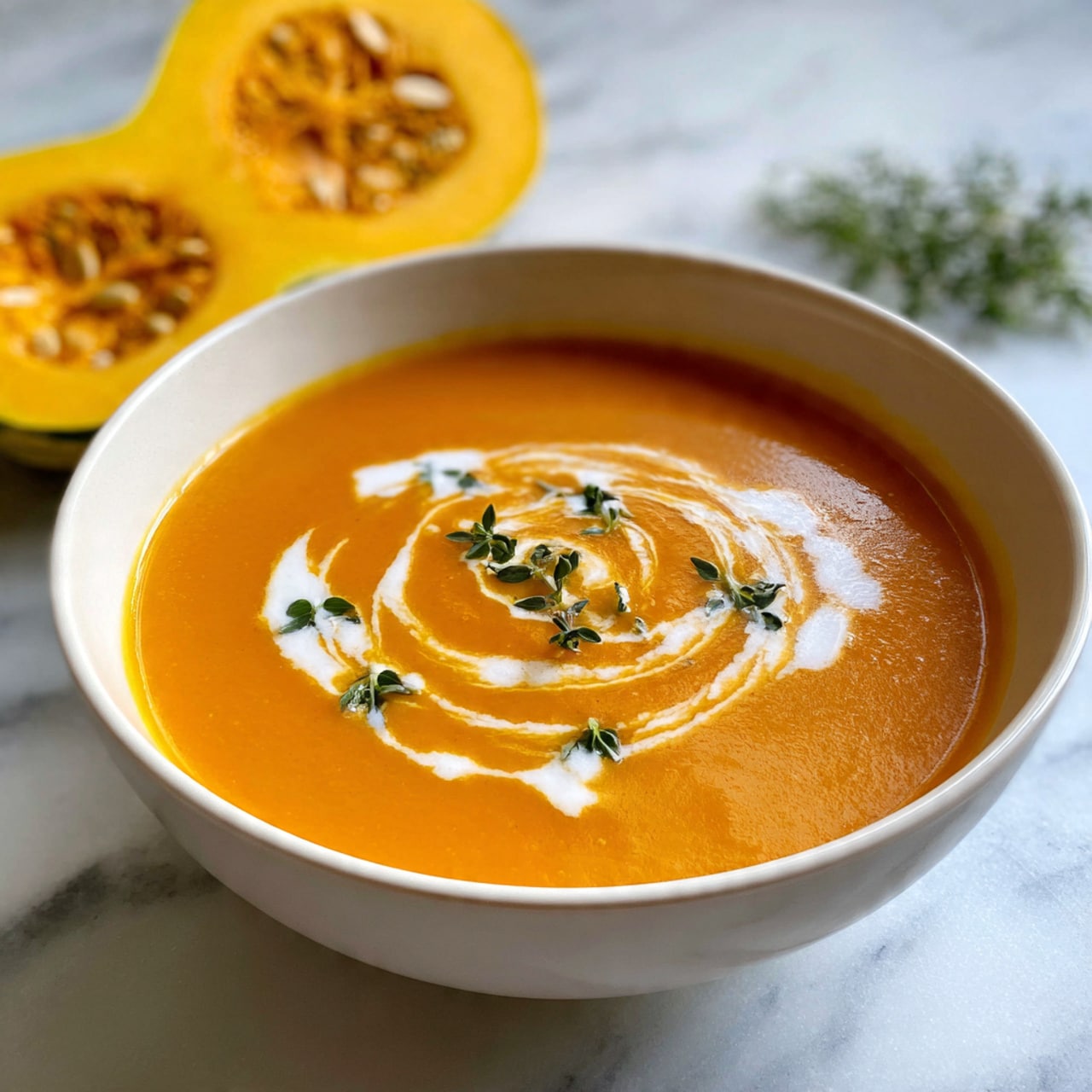 Two white bowls filled with thick orange soup sit on a white marbled surface, each bowl topped with a swirl of white cream and small green herb leaves. One bowl is closer to the camera, with a woman's hand holding a spoon scooping up some creamy soup, showing its smooth texture and small bits of green herbs. In the background, a larger bowl filled with the same soup is slightly blurred, along with some pieces of bread wrapped in a white cloth. A few green herb sprigs lie next to the bowls on the white marbled surface. Photo taken with an iphone --ar 4:5 --v 7