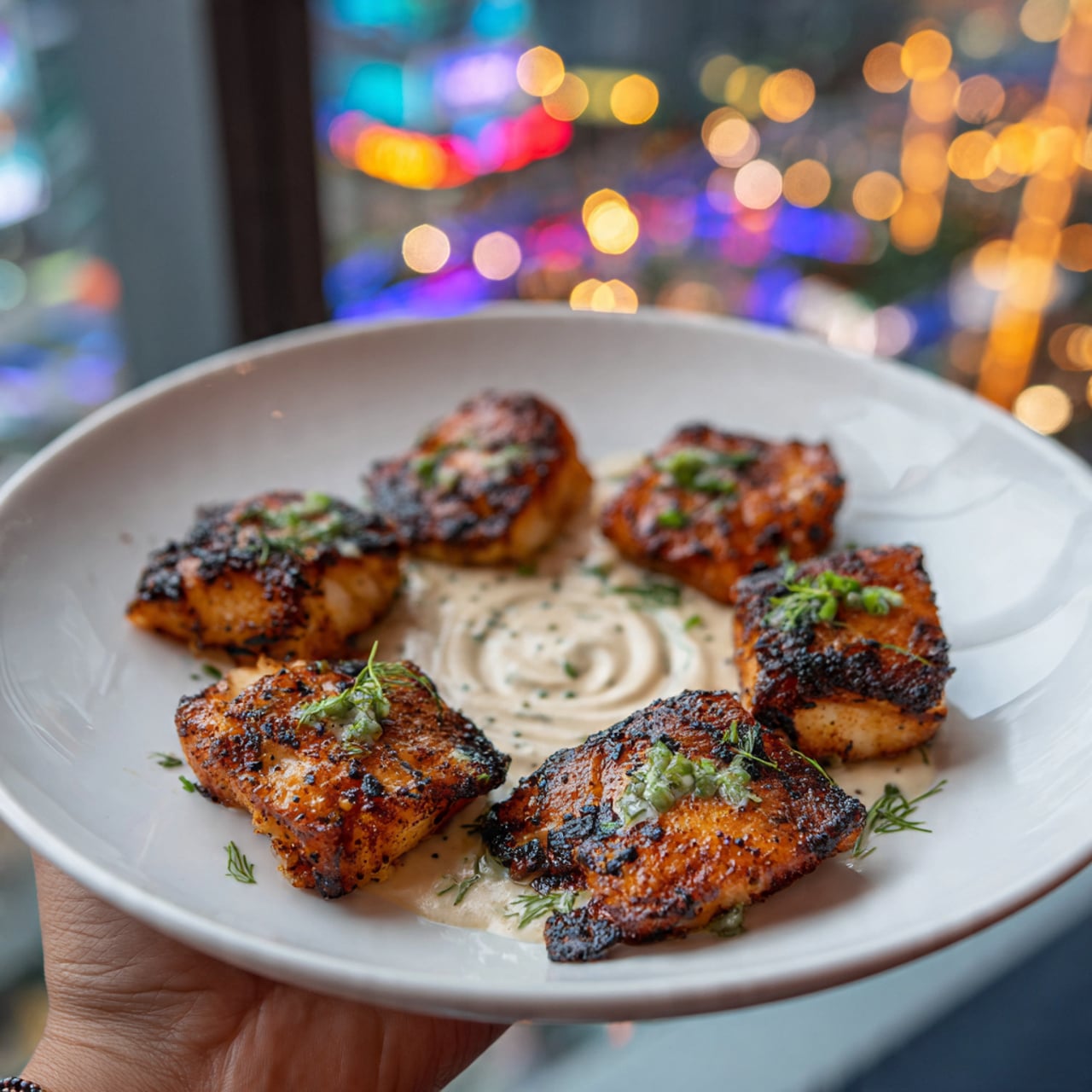 The image shows five pieces of golden-brown grilled scallops stacked in a small pyramid on a smooth light-colored creamy sauce spread thickly on a white plate. The scallops have a shiny, slightly crispy texture with small green herb sprinkles on top, adding a fresh touch. A woman's hand is holding a fork above the plate, with a blurred kitchen setting in the background, and a small slice of yellow lemon is placed on the edge of the plate, resting on a white marbled surface. photo taken with an iphone --ar 4:5 --v 7