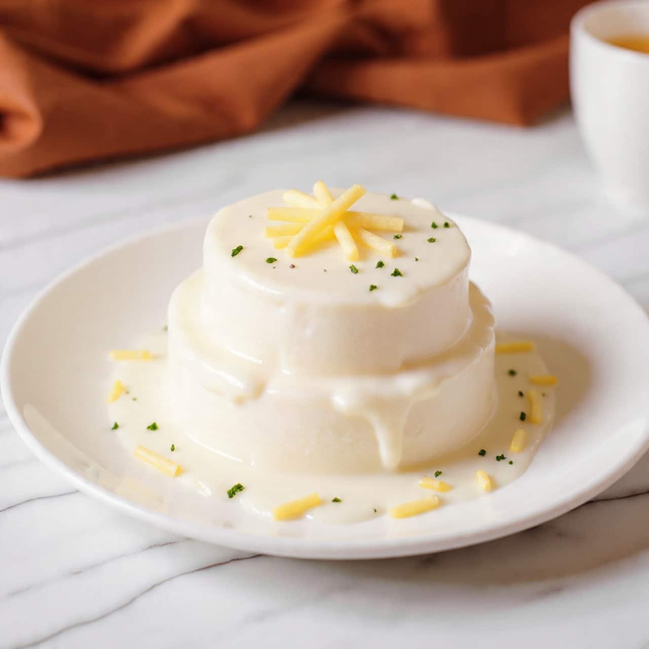 The image shows a round white plate with a stack of three thick, wavy white layers covered in creamy white sauce. There are small pieces of light yellow sticks spread on top and around the stack, adding a soft texture. Fresh light green chopped herbs are sprinkled evenly over the creamy layers and scattered on the plate, giving a fresh look. The background is a soft white marbled surface with a blurry glimpse of a reddish fabric and a cup. The photo taken with an iphone --ar 4:5 --v 7