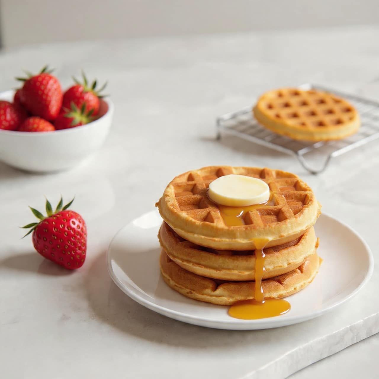 Two golden brown waffles lie stacked in the middle of a white plate, each waffle showing a grid pattern with melted butter spread gently over the top one. A bright red strawberry with green leaves rests on the left side of the plate. In the blurred background, there is a white bowl filled with more red strawberries and a wire rack holding more waffles. The scene is set on a white marbled surface. photo taken with an iphone --ar 4:5 --v 7
