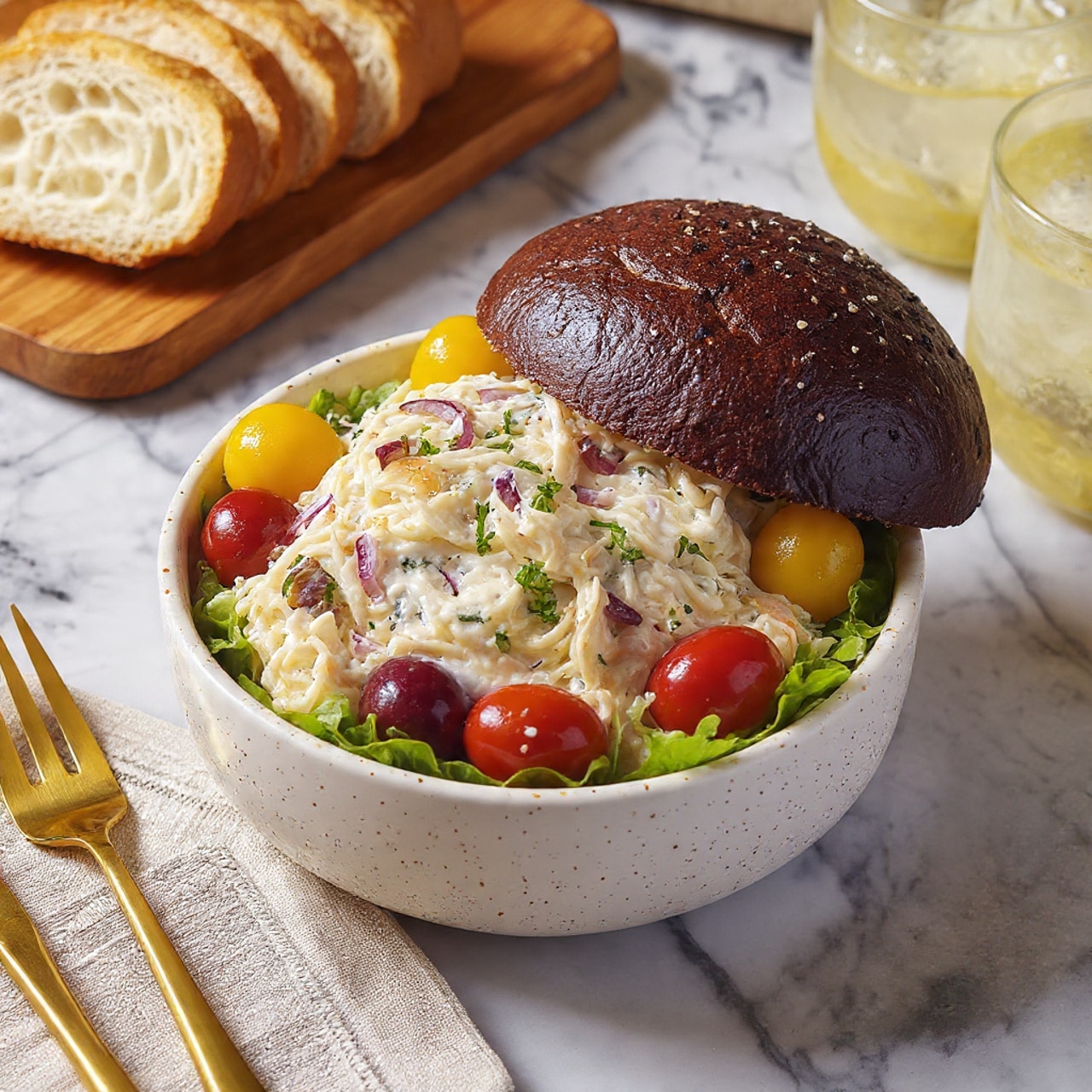 The image shows a close-up of a woman’s hand holding a piece of white toasted bread topped with a thick layer of creamy salad. The salad has visible chunks of white cheese, small diced red onions, and pieces of yellow and red vegetables mixed with a creamy dressing. The bread’s edges are golden brown and the salad is sprinkled with black pepper. The background is a white marbled texture. Photo taken with an iphone --ar 4:5 --v 7