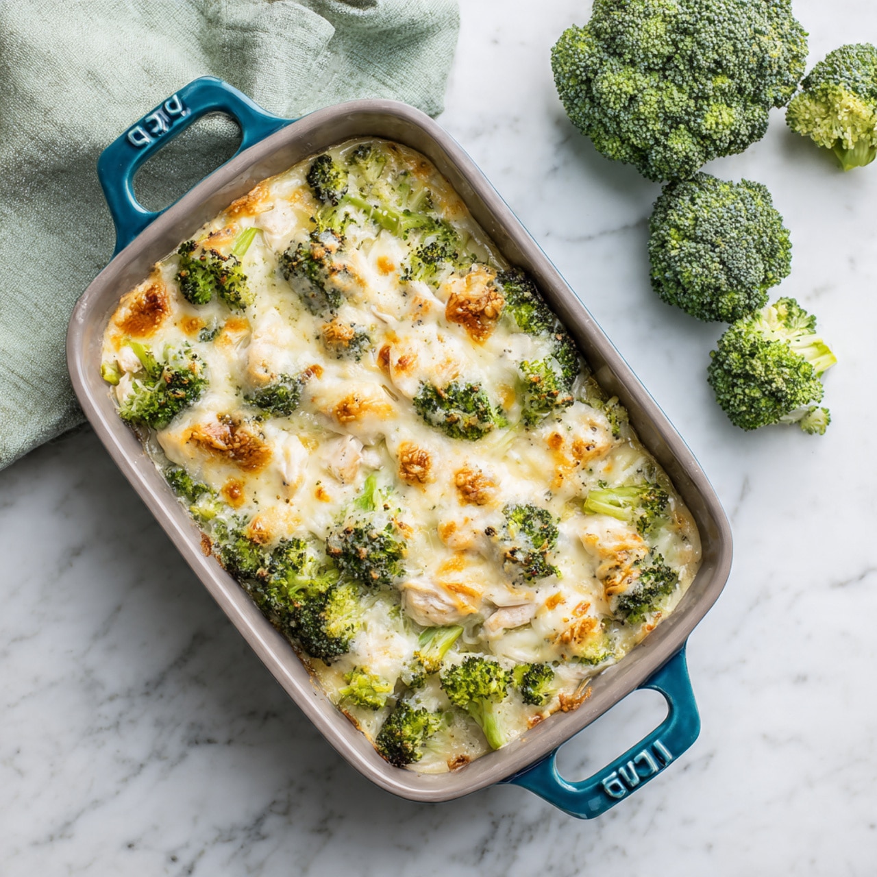 In a gray pan with blue handles, there is a baked dish showing one main layer that is a mix of broccoli florets and small pieces of white meat, all covered with melted cheese that is creamy white with light golden patches from baking. The broccoli is bright green and looks fresh, while the cheese has a smooth and slightly bubbly texture. The pan is placed on a white marbled surface with three broccoli heads nearby and a folded light green cloth in the top left corner. Photo taken with an iphone --ar 4:5 --v 7