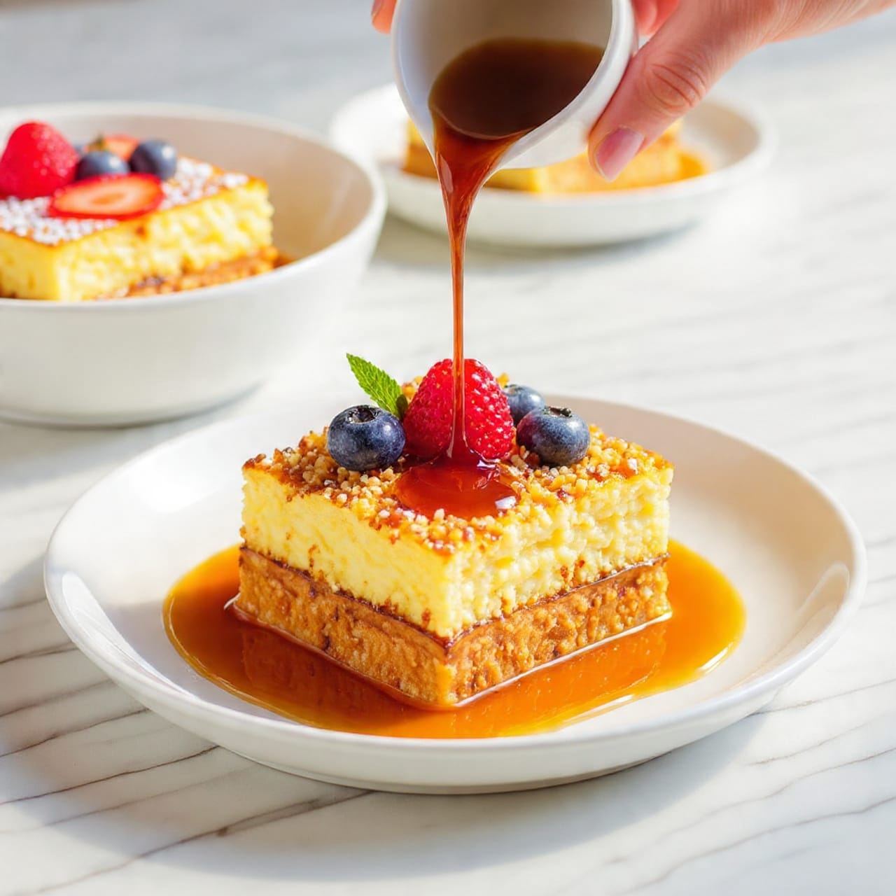 A white plate holds a thick slice of layered dessert with a creamy yellow custard base topped by a crumbly, golden-brown streusel layer. Fresh raspberries and blueberries sit on top along with a small green mint leaf. A woman's hand pours a dark syrup over the dessert, creating a glossy sheen that flows down the sides. The background is a soft white marbled surface, and part of a white dish full of more dessert is seen out of focus behind the plate. photo taken with an iphone --ar 4:5 --v 7