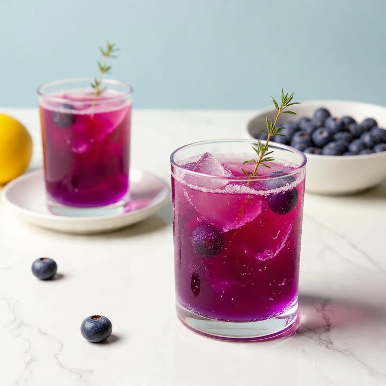The image shows a clear glass filled with a layered purple drink. At the bottom, there are dark purple blueberries, then a layer of purple juice with ice cubes floating on top. The top layer is slightly lighter purple with some crushed ice and fresh green thyme sprigs as garnish. The glass is placed on a white marbled surface with a small pile of fresh blueberries next to it, and a white plate with another glass of the same drink blurred in the background. Photo taken with an iphone --ar 4:5 --v 7
