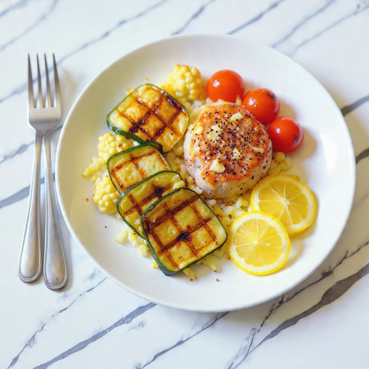 A white plate on a white marbled surface holds a layered dish starting with a base of grilled zucchini slices in dark green and creamy yellow, lightly charred roasted cauliflower pieces in off-white with brown edges scattered around, and small red cherry tomato halves spaced out. In the center lies a browned, seasoned cooked piece of meat with visible black pepper and bits of crumbled white cheese on top. Two thin slices of yellow lemon with black pepper specks rest on the right side. A silver fork is placed on the left edge of the plate. photo taken with an iphone --ar 4:5 --v 7