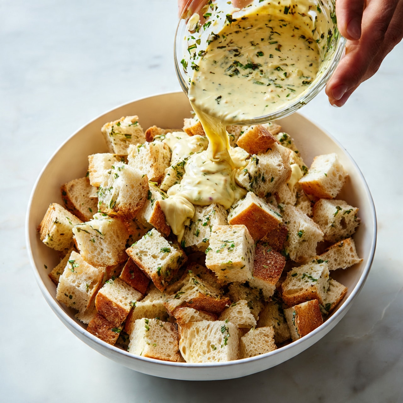 A white bowl filled with many small cubes of light brown bread is shown from above. A woman's hand is pouring a thick, creamy mixture with chopped green herbs from a glass bowl over the bread cubes. The creamy mixture is pale yellow and looks smooth, slowly dripping onto the bread. The bowl sits on a white marbled surface, with soft, natural light highlighting the textures of the bread and creamy sauce. Photo taken with an iphone --ar 4:5 --v 7