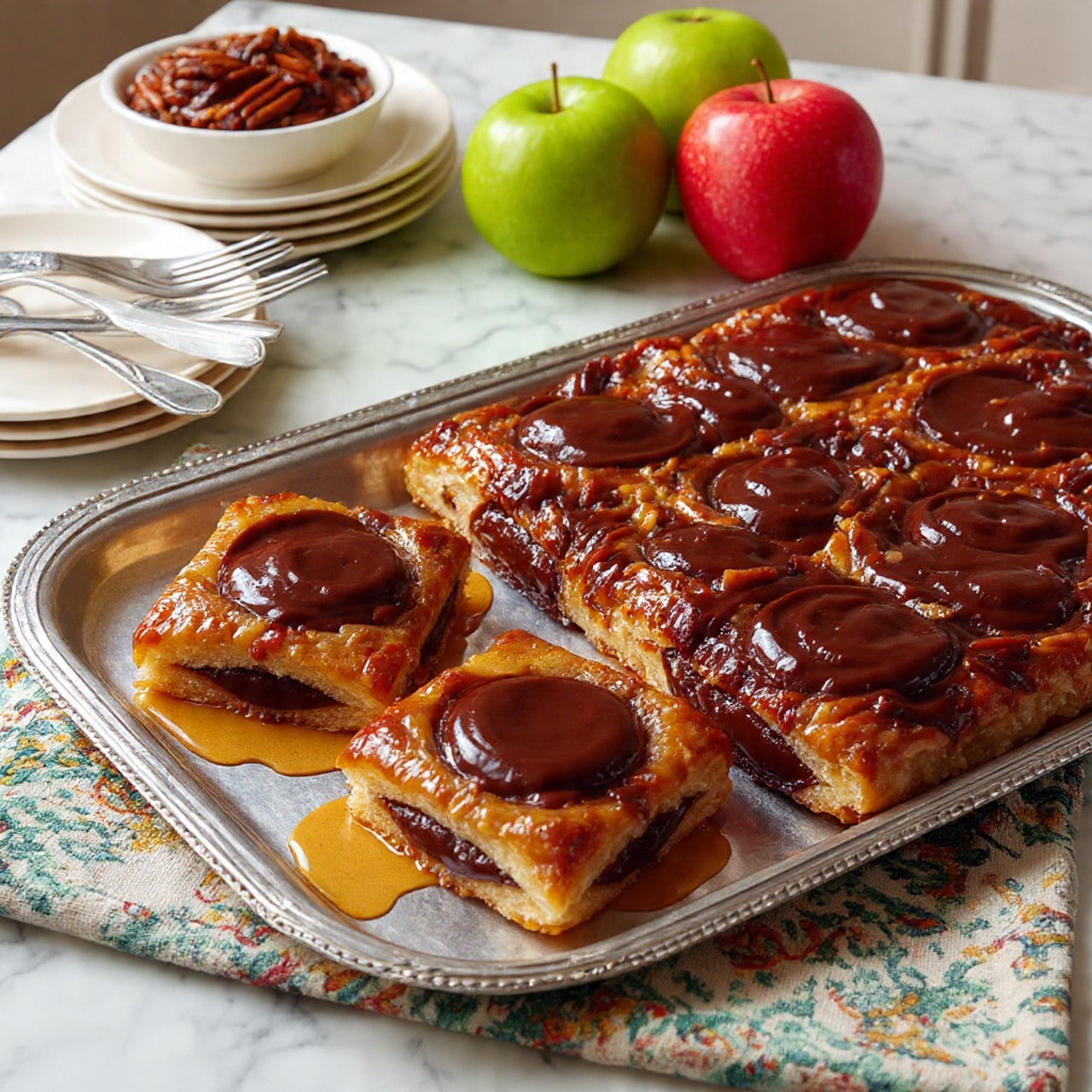 The image shows a white baking tray lined with parchment paper holding twelve uncooked cinnamon rolls arranged in three rows of four. Each cinnamon roll has a light beige dough base rolled into a spiral shape with visible layers. Inside the spirals, there are mixed pieces of green and brown ingredients, giving a textured look with chopped nuts and small green fruit chunks evenly spread throughout the filling. The tray is placed on a white marbled surface. Photo taken with an iphone --ar 4:5 --v 7