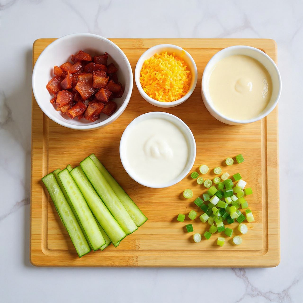 The image shows a wooden cutting board with several ingredients arranged neatly on top. There are thin slices of cucumber on the left side, a small white bowl filled with crispy bacon pieces at the top left and another small white bowl of shredded yellow cheese at the top center. In the middle right, there is a small white bowl with a white creamy sauce. To the right of the board, there are several whole green onions and chopped green onion pieces. The background surface is a white marbled texture. Photo taken with an iphone --ar 4:5 --v 7