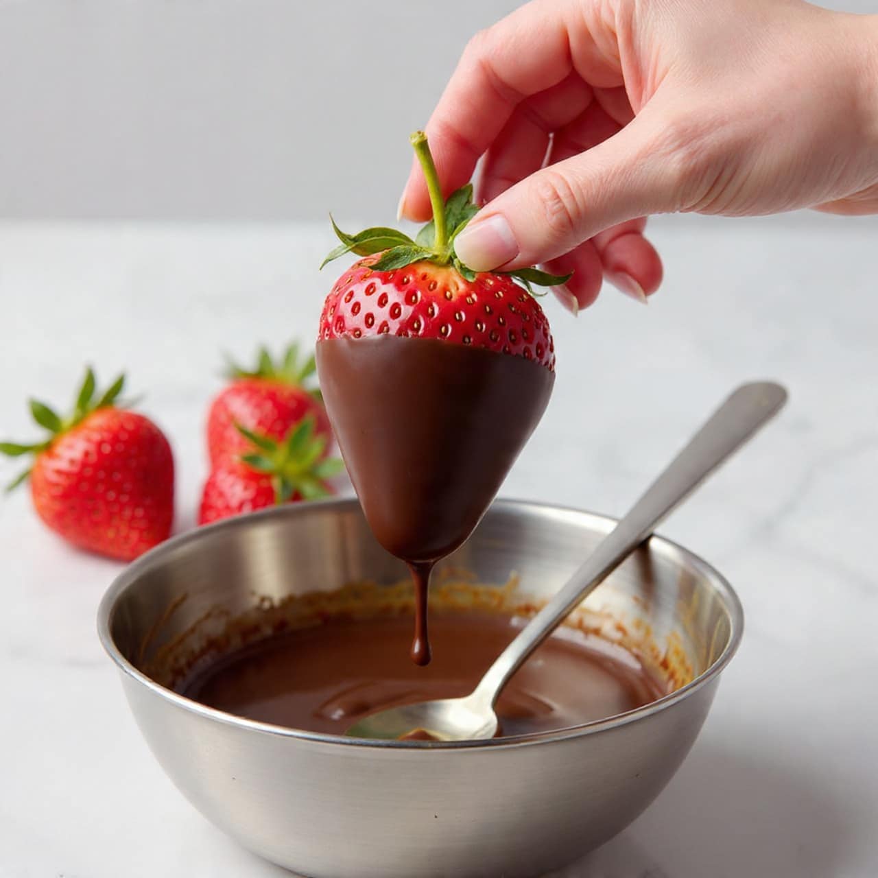 A woman's hand is holding a large red strawberry by the green stem, partially dipped in smooth, shiny brown chocolate that covers about three-quarters of the strawberry from the bottom up, with a small drip of chocolate falling back into a shiny silver bowl below. The background shows blurred red strawberries and a white marbled surface. A metal spoon rests inside the chocolate-covered bowl. photo taken with an iphone --ar 4:5 --v 7