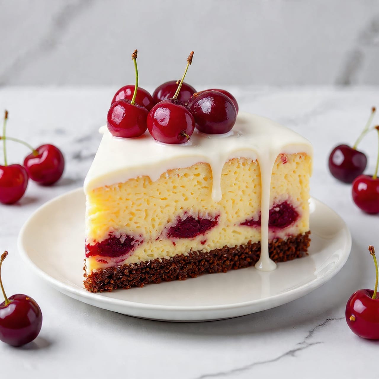 The image shows a three-layer round cake on a white plate with a white marbled texture underneath. The bottom layer is dark brown and crumbly, the middle layer is thick and pale yellow with a smooth texture, and the top layer is shiny dark chocolate sauce dripping down the sides. On top, there is a mix of bright red cherries with green stems and small glossy dark chocolates with patterns, some also covered in chocolate sauce. Photo taken with an iphone --ar 4:5 --v 7