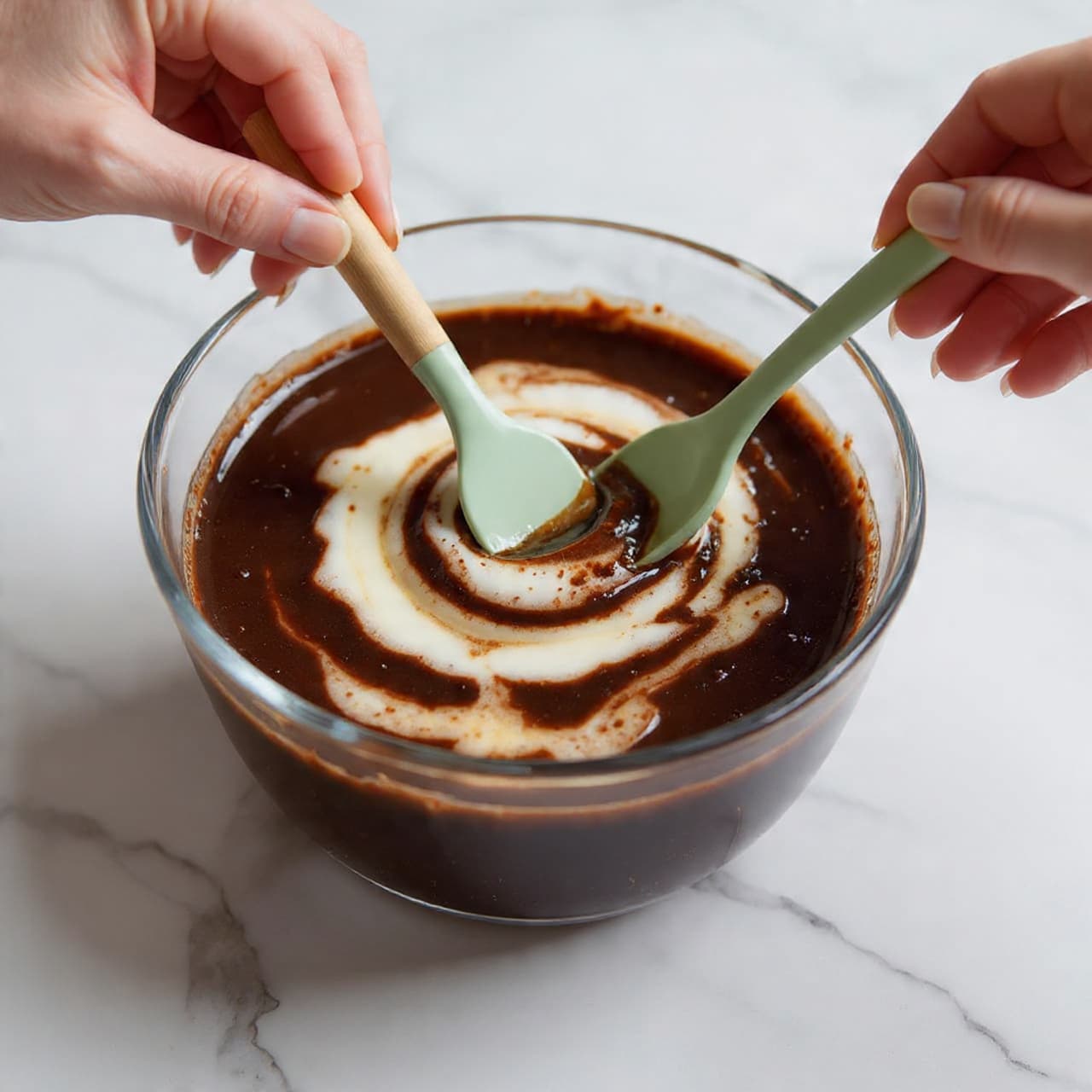 A clear glass bowl on a white marbled surface holds a dark, thick chocolate mixture with lighter creamy swirls spread on top. The texture looks smooth and glossy. A woman's hand is holding a green spatula with a wooden handle, stirring the mixture gently from the side. The overall scene is bright with soft natural light emphasizing the rich chocolate colors and the creamy texture on top. photo taken with an iphone --ar 4:5 --v 7