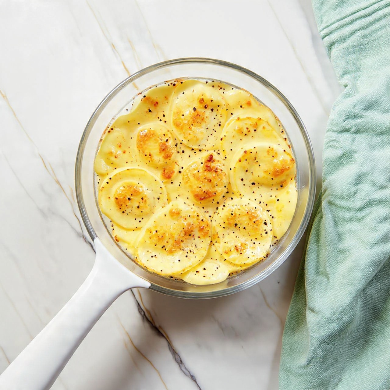 The image shows a clear glass container filled with several layers of scalloped potato slices. Each layer has thin, round potato slices covered with a smooth, creamy yellow sauce that looks soft and cheesy. The top layer has a golden-brown color with some small black pepper specks. The texture appears tender and slightly melted. The container is placed on a white marbled surface with a light-colored cloth partly visible on the side. The container lid is open, showing a white label with the words