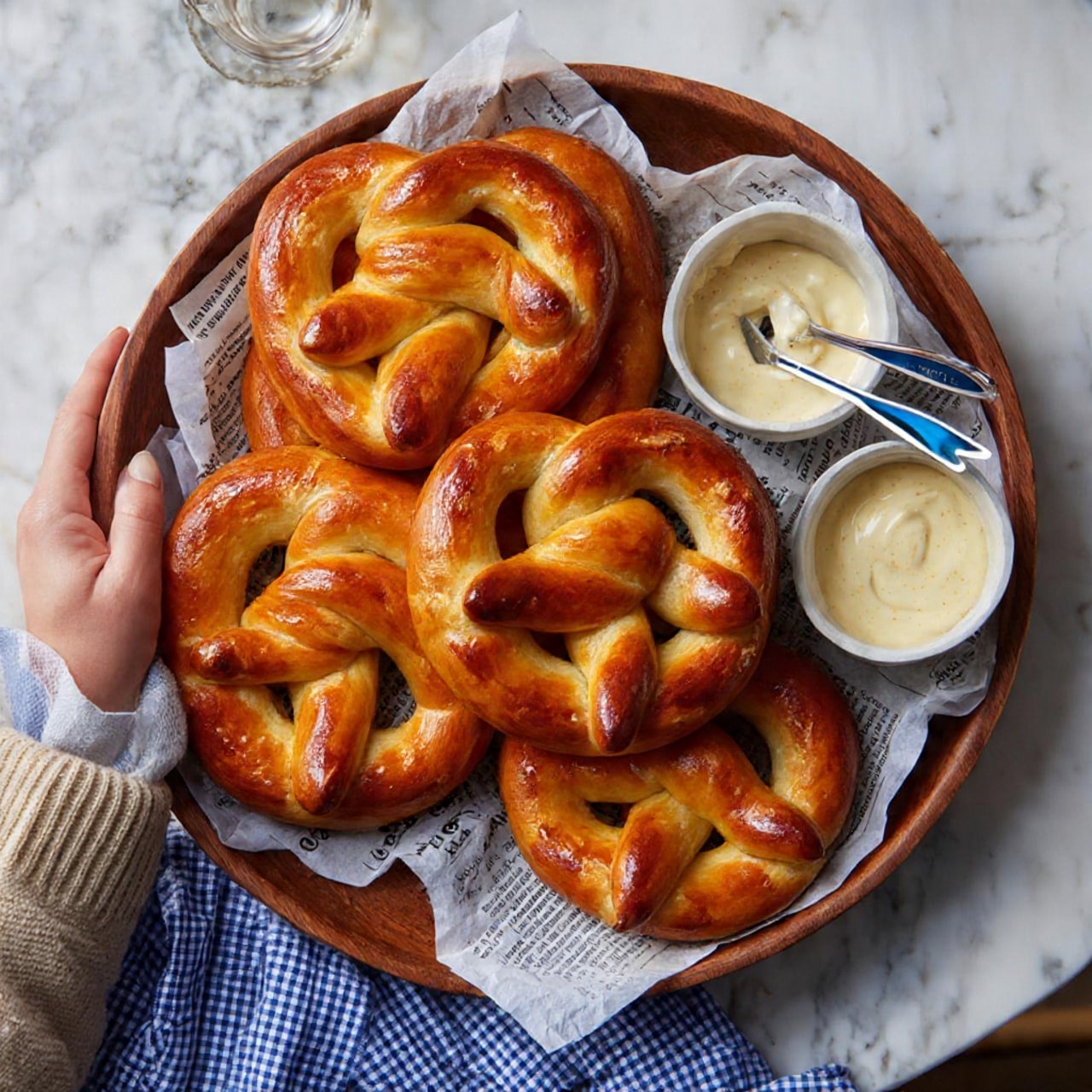 The image shows four raw pretzels made from pale dough, each placed on a small square of brown parchment paper on a silver baking tray. The pretzels are twisted into the classic knot shape with thick, smooth dough strands. The tray is held by a woman's hand at the top right corner. The background surface is a white marbled texture. photo taken with an iphone --ar 4:5 --v 7