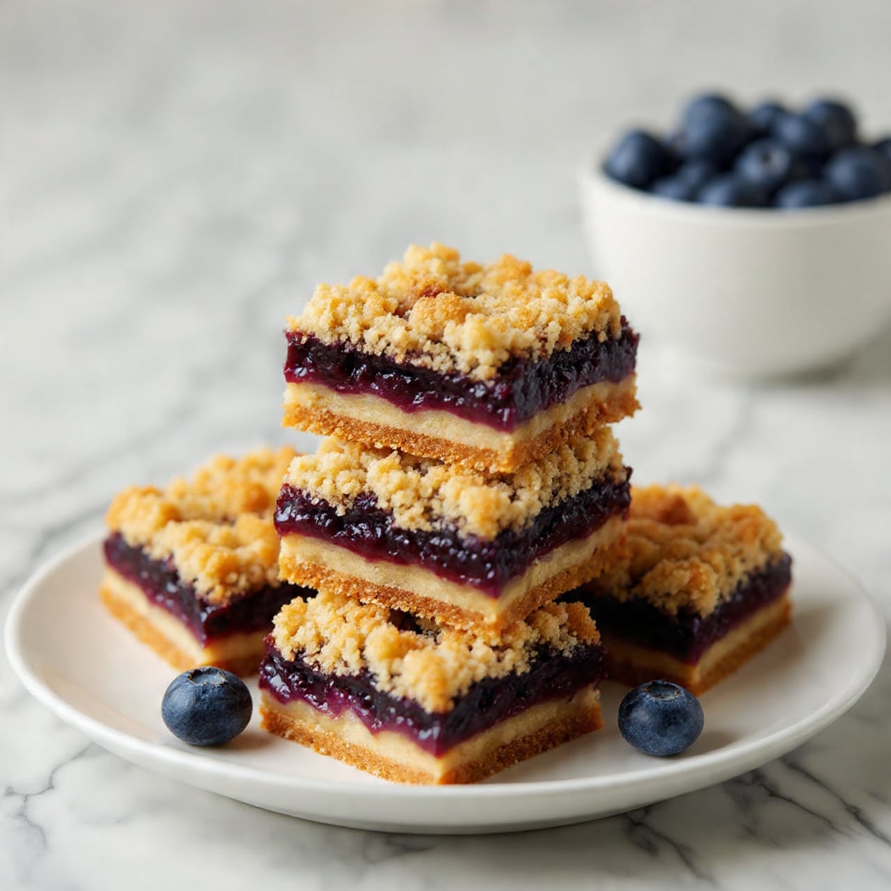 The image shows three crumb bars stacked on a white plate with a white marbled background. Each bar has three visible layers: the bottom layer is a light golden baked crust, the middle layer is a thick, dark purple blueberry filling, and the top layer is a crumbly golden topping with a rough texture. Two fresh blueberries are placed on the plate near the bars. In the blurred background, a bowl filled with blueberries is visible. The photo taken with an iphone --ar 4:5 --v 7