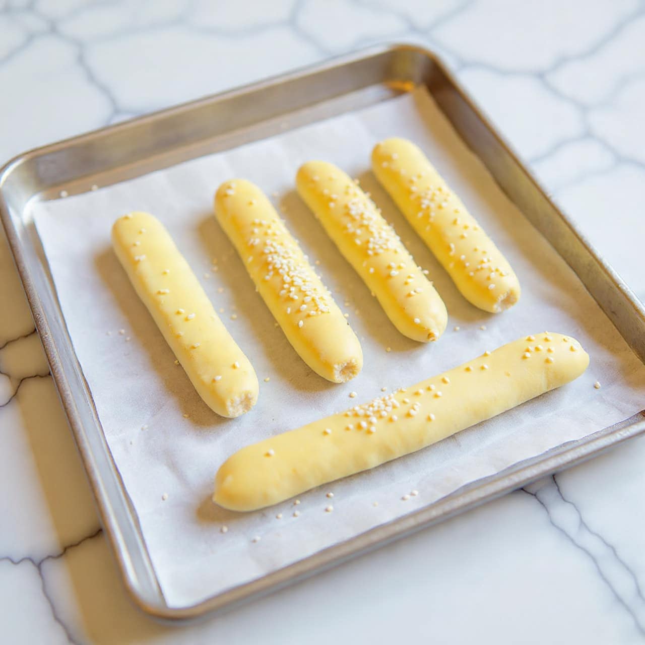 The image shows a metal baking tray lined with white parchment paper holding four long dough rolls arranged side by side. A woman's two hands are sprinkling white sesame seeds evenly over the top surface of the dough rolls. The dough appears smooth and light beige, with a slightly puffy texture, while the sesame seeds add small white specks on top. The tray is placed on a white marbled surface. photo taken with an iphone --ar 4:5 --v 7