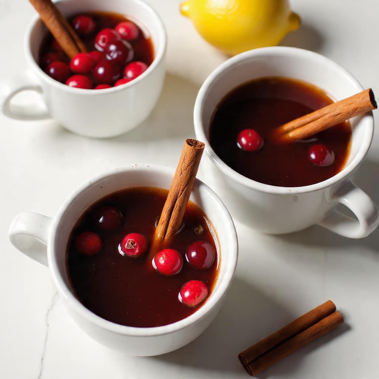 A white cup filled with a dark brown liquid is shown. Floating on the surface are a cinnamon stick and several bright red cranberries. In the background, there is another white cup with a similar dark liquid, and near the front edge of the image, part of a white marbled surface is visible with a cinnamon stick lying on it. The overall scene looks warm and inviting. photo taken with an iphone --ar 4:5 --v 7