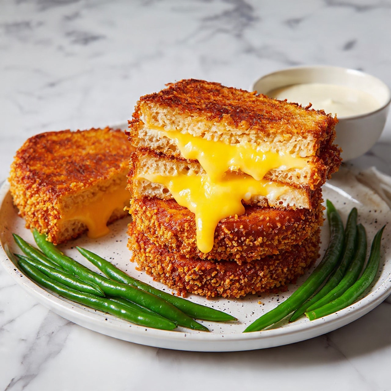 The image shows two rectangular, golden-brown crispy fried pieces with a textured crumb coating, placed side by side on a white plate with speckled details. Cheese is melting and oozing out from the edges of both pieces, showing a gooey yellow layer inside. On the right side of the plate, there is a small white bowl filled with a creamy, pale sauce that has a smooth texture. In the background to the right of the plate, fresh green beans add a touch of bright green color. The whole scene is set on a white marbled surface. Photo taken with an iphone --ar 4:5 --v 7