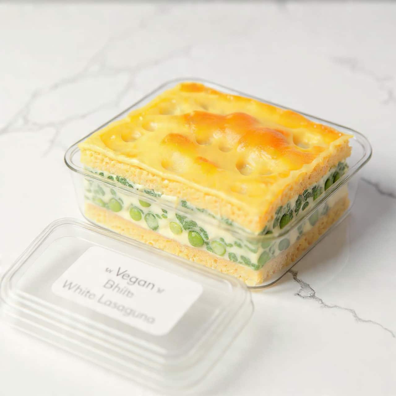 The image shows a clear glass container with a partially opened lid, revealing vegan white lasagna inside. The top layer consists of golden-brown pasta sheets with a slightly crispy and textured surface, arranged side by side. Below the pasta layer, there is a creamy mixture visible that has a pale, off-white color with green leafy vegetables like spinach, giving a marbled texture. The container sits on a white marbled surface, and a label on the lid reads “Vegan White Lasagna.” The photo taken with an iphone --ar 4:5 --v 7