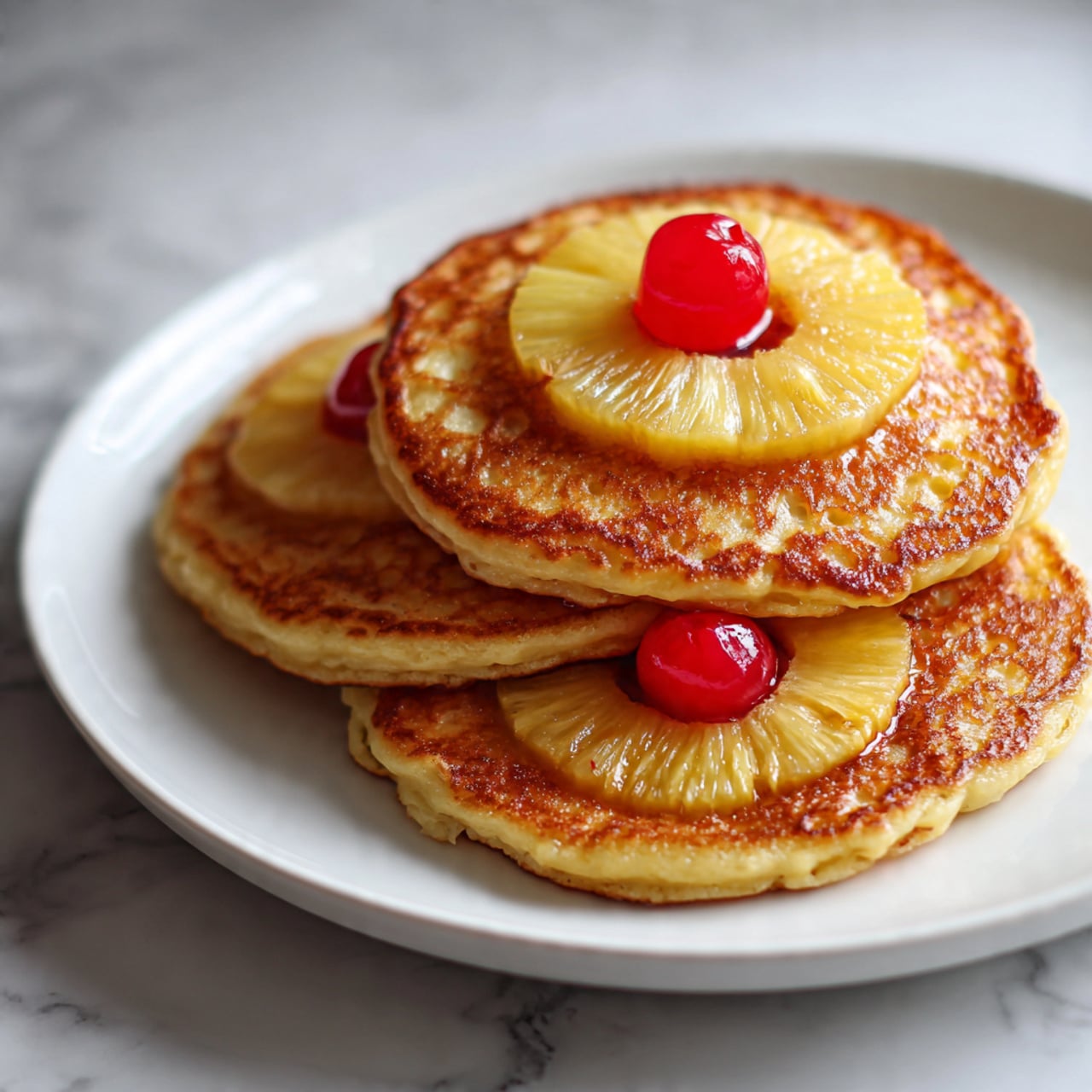 A stack of three golden brown pancakes sits in the center of a white plate with a subtle decorative edge. The top pancake is covered with two dollops of white whipped cream, each topped with a bright red cherry with stems. Small chunks of light yellow and pale orange fruit are scattered on the pancakes and around the whipped cream. Light amber syrup is drizzled over the stack, pooling slightly on the white marbled surface below. The scene has soft, natural lighting. Photo taken with an iphone --ar 4:5 --v 7