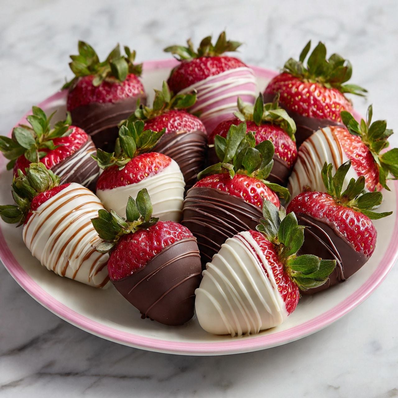 The image shows fresh strawberries dipped halfway in dark chocolate, placed neatly on a white marbled surface. Each strawberry has a bright red color with green leafy tops, and the chocolate coating looks smooth and shiny. Some strawberries have thin white chocolate lines drizzled vertically across the dark chocolate layer, while others have thin milk chocolate lines in a similar style. The strawberries are arranged close to each other, showing a mix of plain dark chocolate and decorated ones. Photo taken with an iphone --ar 4:5 --v 7