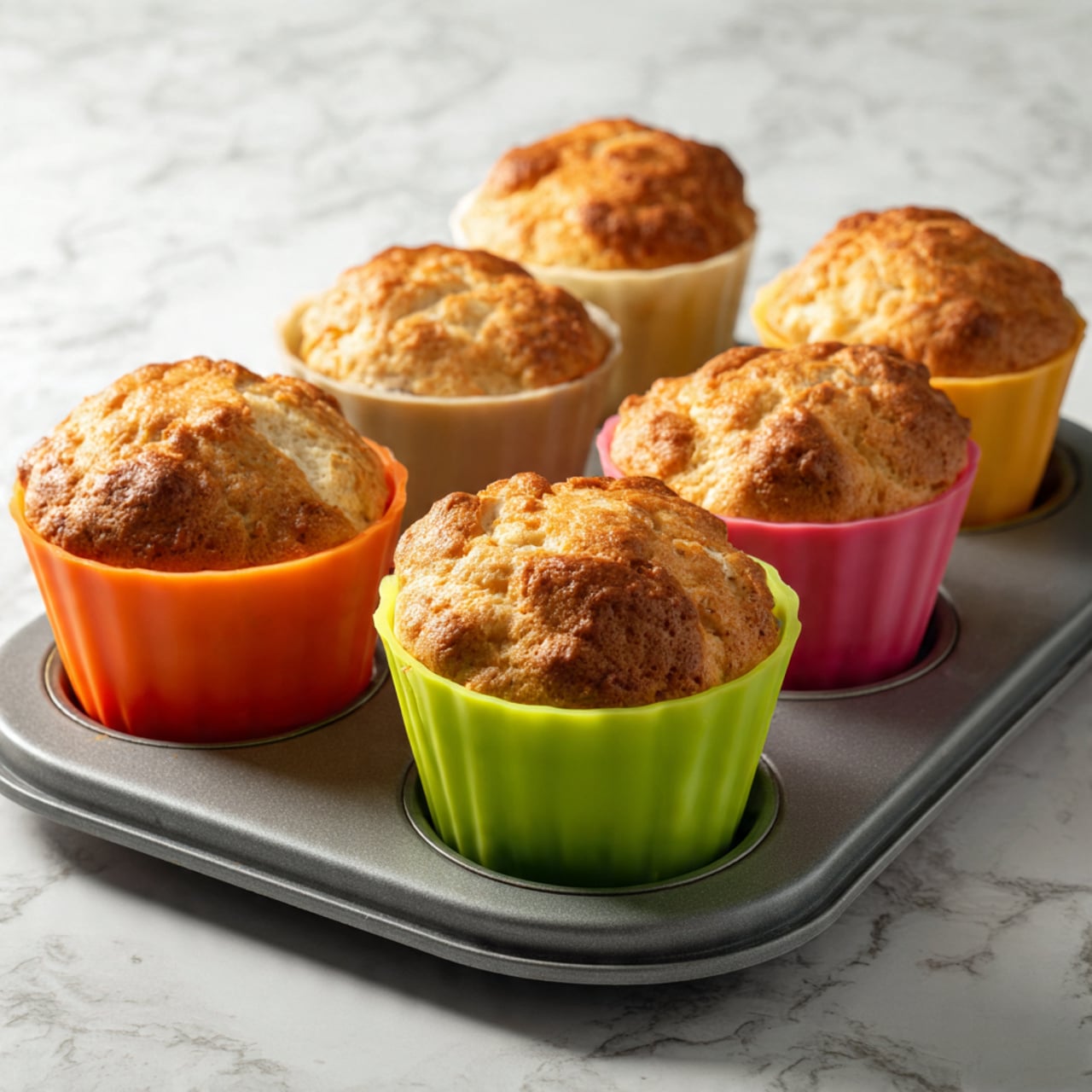 The image shows five small round muffins in colorful silicone cups placed on a gray baking tray. Each muffin has a golden-brown top with slight cracks and a slightly rough texture, indicating they are freshly baked. The muffins sit in green, orange, yellow, and pink silicone cups, contrasting with the neutral gray tray underneath. The background is a white marbled surface. photo taken with an iphone --ar 4:5 --v 7