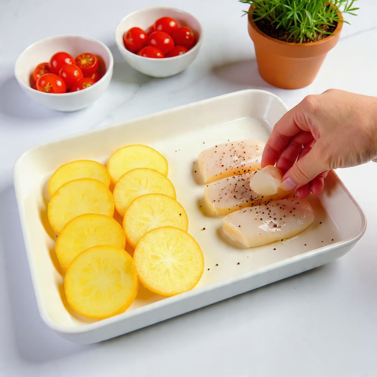 A white baking tray on a white marbled surface holds two layers of food: the left side has thick slices of yellow potatoes arranged in a single layer, and the right side shows raw white fish fillets lined up neatly next to the potatoes. The fish and potatoes are both sprinkled with black pepper. A woman’s hand is seen in the foreground gently placing or adjusting the fish on the tray. In the background, there are small white bowls filled with red cherry tomatoes and a small green herb plant in a brown pot, softly lit by natural light. Photo taken with an iphone --ar 4:5 --v 7