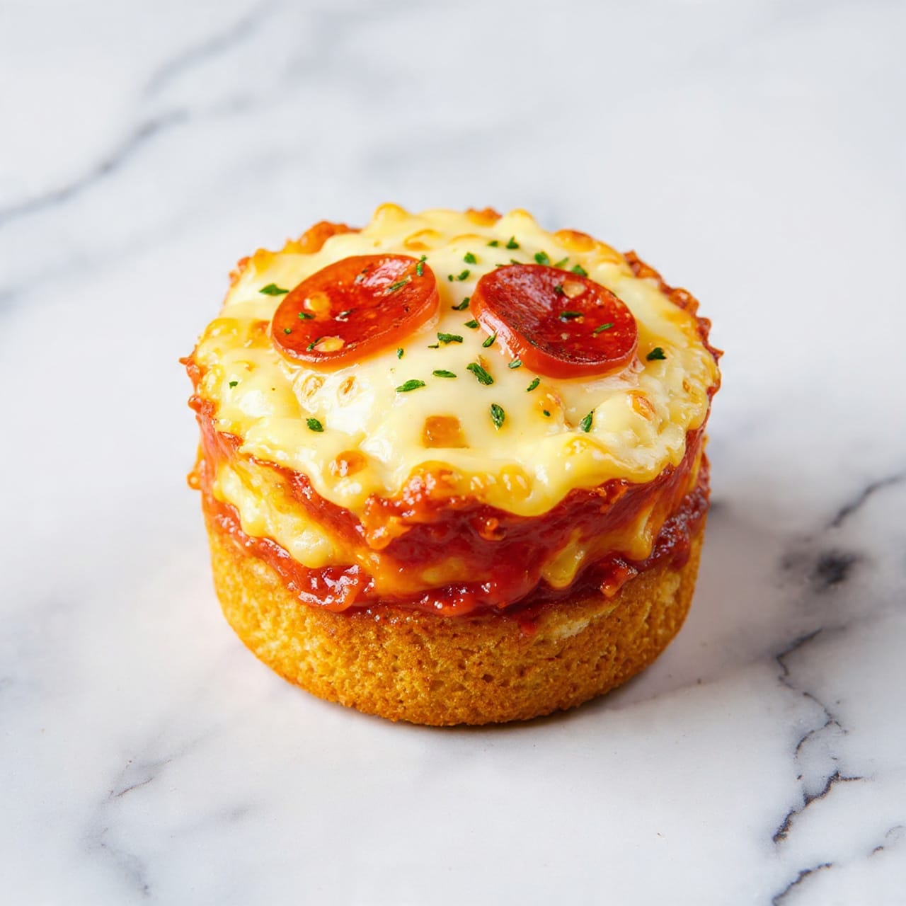 The image shows a small, round deep-dish pizza muffin placed on a white marbled surface. The muffin has three visible layers: the bottom crust is golden brown and thick, the middle layer is rich red tomato sauce, and the top layer is melted yellow cheese with three round slices of pepperoni that are dark red with some oil spots. Small green herbs are sprinkled on top, adding a fresh touch. The cheese looks smooth and slightly bubbly around the edges. Photo taken with an iphone --ar 4:5 --v 7