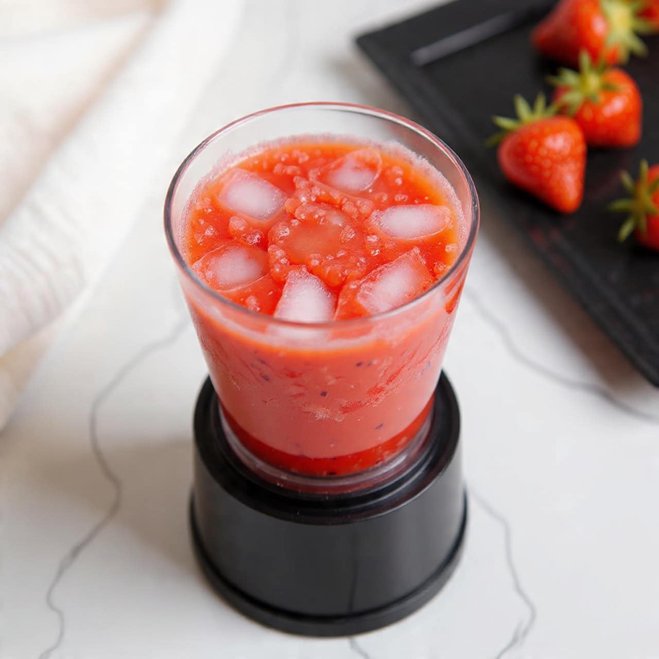 A top view of a blender with a clear container showing a mix of red fruit liquid and several ice cubes inside, the red liquid is smeared on the walls of the container, and the blender blade is visible at the bottom. The blender base is black and sits on a white marbled surface with a black tray or platter with more ingredients blurred in the background. photo taken with an iphone --ar 4:5 --v 7