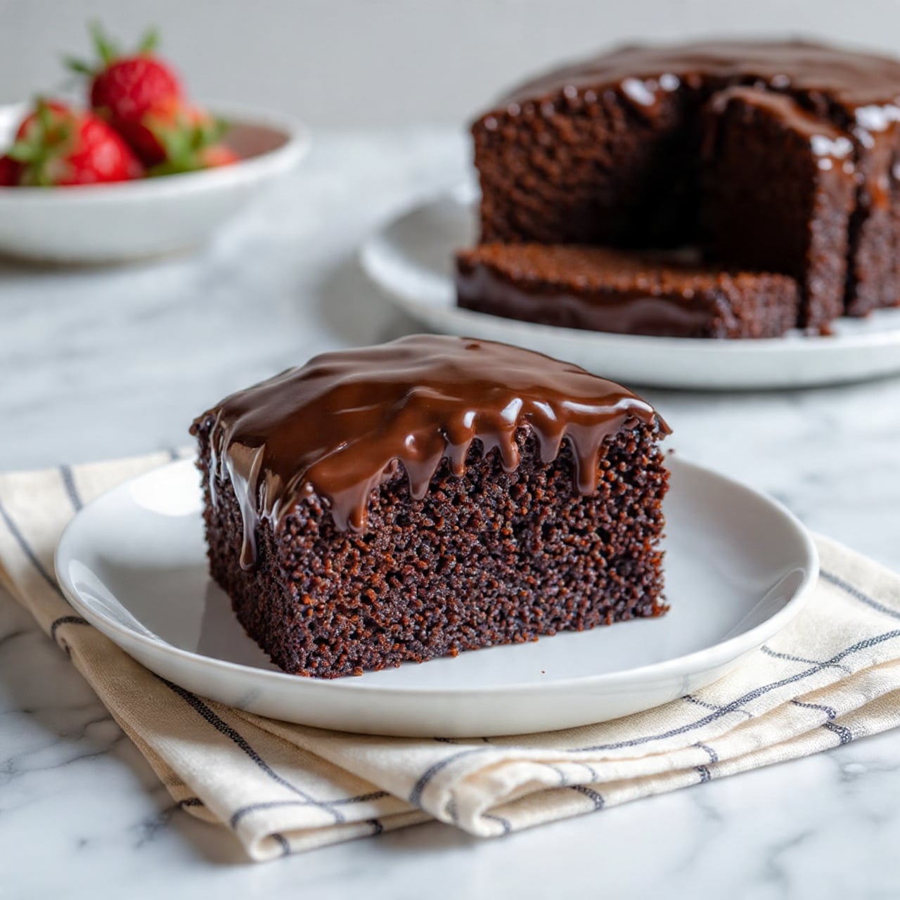 A single thick slice of dark chocolate cake rests on a white plate set on a folded light cloth with thin dark stripes, all placed on a white marbled surface. The cake slice has two visible layers of rich, moist chocolate sponge with a smooth, thick layer of glossy dark chocolate frosting covering the bottom edge and slightly onto the sides. In the background, a larger portion of the same cake, partially sliced, is blurred but visible, along with a white bowl containing some chocolate pieces. The overall mood is simple and clean with soft lighting. photo taken with an iphone --ar 4:5 --v 7