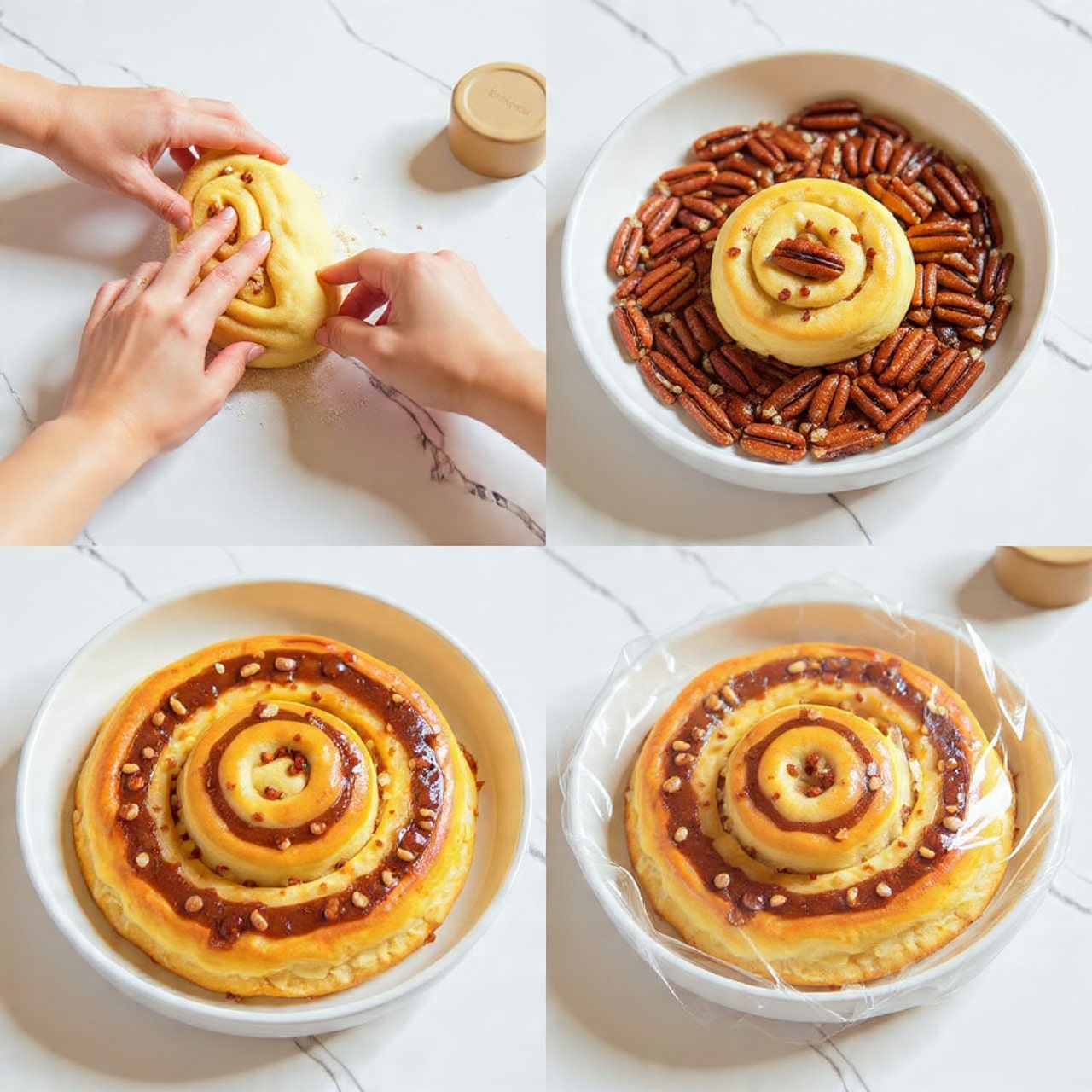 The collage shows four images of making a cinnamon roll with pecans. The first picture shows a woman's hand rolling a strip of dough covered in cinnamon sugar on a white marbled surface with flour scattered around. The second image shows a woman's hand placing the spiral dough into a round white baking dish filled with chopped pecans at the bottom. The third image shows the rolled dough sitting fully inside the white baking dish on top of the pecans, tightly coiled with visible cinnamon sugar layers. The fourth image shows the same white baking dish with the roll covered loosely by clear plastic wrap, ready for rising. Photo taken with an iphone --ar 4:5 --v 7