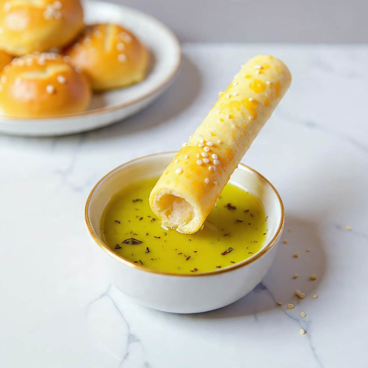 A close-up of a small white dish with a gold rim filled with light green olive oil sprinkled with dried herbs. Half of a golden brown bread roll covered in white sesame seeds is dipped into the oil, showing its soft, airy inside. The dish sits on a white marbled surface with some sesame seeds scattered around. In the background, a white plate holds more bread rolls with a shiny golden crust and sesame seeds, slightly blurred. Photo taken with an iphone --ar 4:5 --v 7